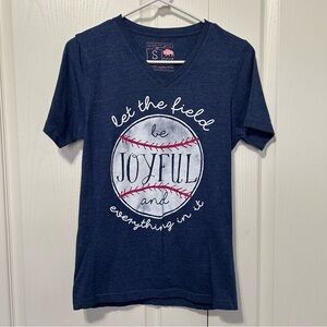 Calamity Jane Baseball Mom V Neck Blue Short Sleeve Shirt Top Small